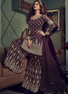Wine Net Embroidery Sharara Style Suit 2