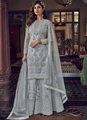Grey Net Embroidery Sharara Style Suit 1