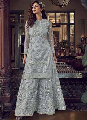 Grey Net Embroidery Sharara Style Suit 2