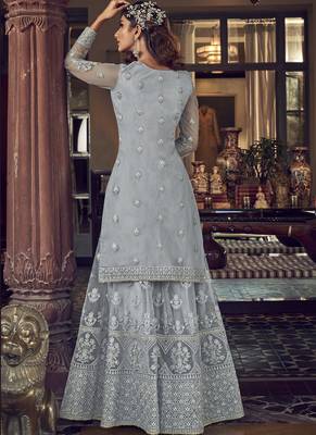 Grey Net Embroidery Sharara Style Suit 3