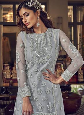 Grey Net Embroidery Sharara Style Suit 4