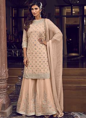 Peach Georgette Embroidery Sharara Style Suit 1