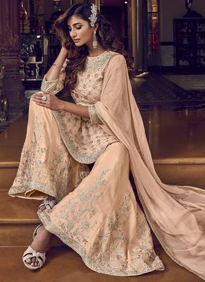 Peach Georgette Embroidery Sharara Style Suit 2