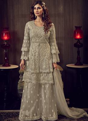 Sand Grey Net Embroidery Sharara Style Suit 1