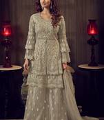 Sand Grey Net Embroidery Sharara Style Suit