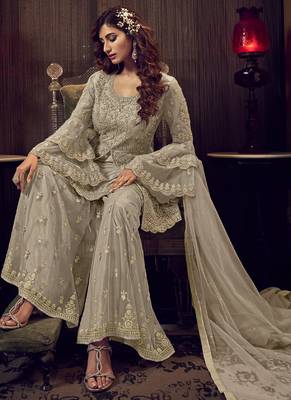 Sand Grey Net Embroidery Sharara Style Suit 2