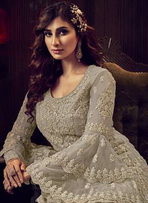 Sand Grey Net Embroidery Sharara Style Suit 3