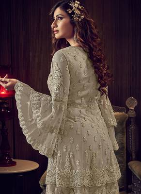 Sand Grey Net Embroidery Sharara Style Suit 4