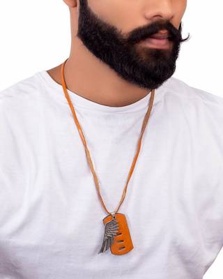 Feather Design Oxidized Plated Pendant With Leather Chain For Men 5