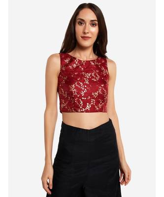 Desi Weavess foil printed maroon sleeveless contemporary   saree blouse 3