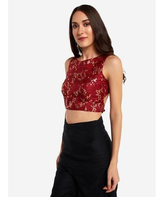 Desi Weavess foil printed maroon sleeveless contemporary   saree blouse 4