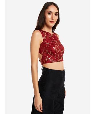 Desi Weavess foil printed maroon sleeveless contemporary   saree blouse 5