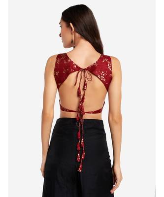 Desi Weavess foil printed maroon sleeveless contemporary   saree blouse 7
