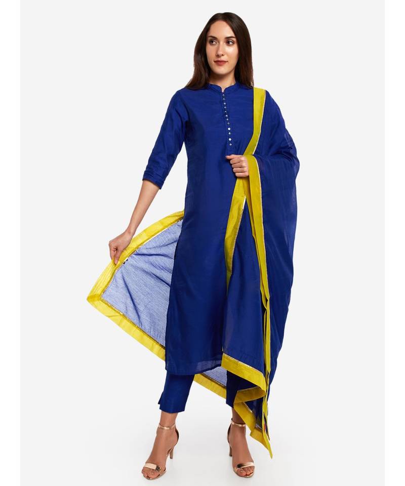 A Desi Weavess,color blocked , Occasion Party wear royal blue duppatta with a 2" lime green   border