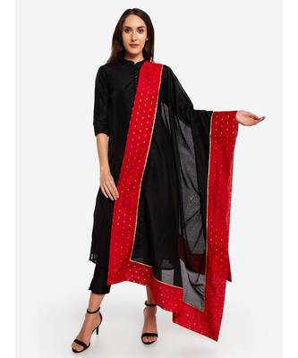 A Desi Weavess , Occasion Party wear black duppatta with a gold zari butties,red  border 2