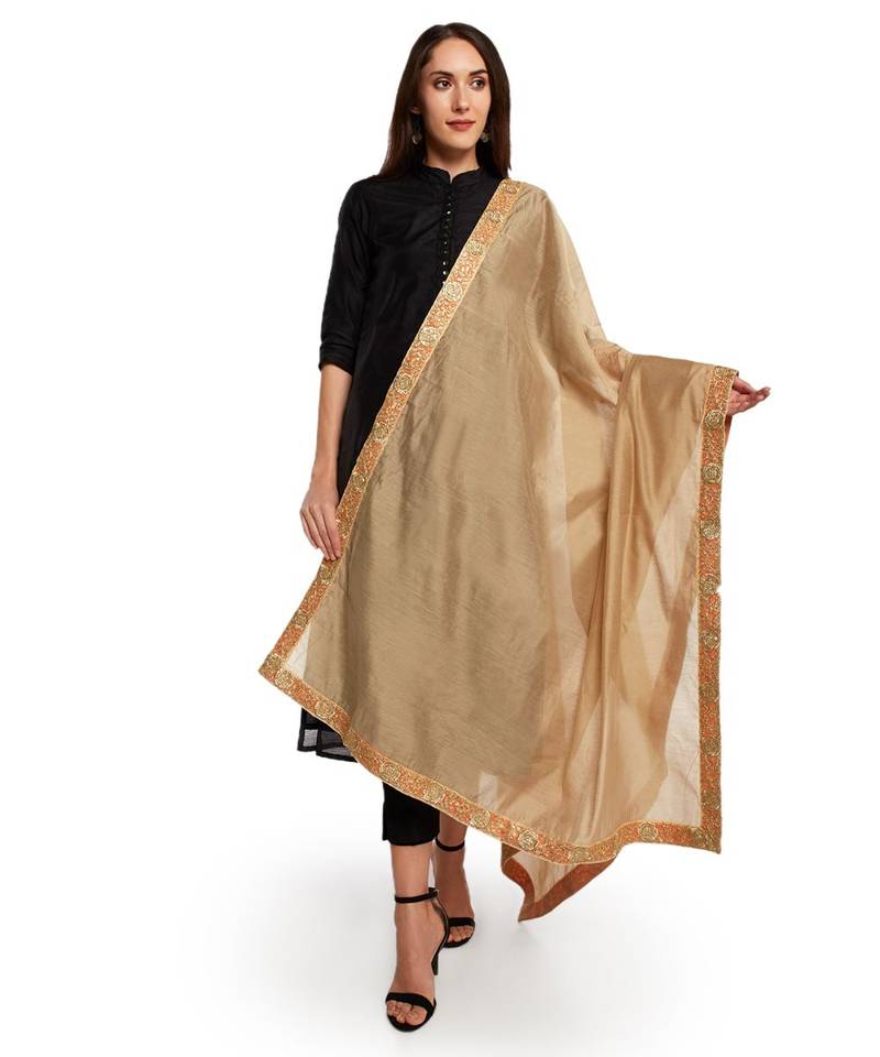 A Desi Weavess Occasion  Party wear Beige poly chanderi duppata with  gold tape along the border