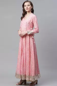 Pink printed cotton long-kurtis