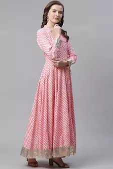Pink printed cotton long-kurtis