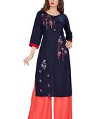 Navy-blue embroidered rayon ethnic-kurtis