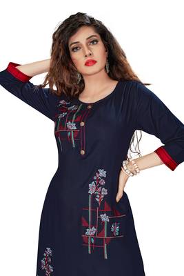 Navy-blue embroidered rayon ethnic-kurtis 5