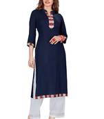 Navy-blue embroidered rayon ethnic-kurtis