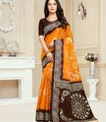 Yellow printed cotton silk saree with blouse