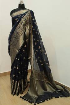 black Banarsi Silk linen Saree with zari woven pallu and border blouse