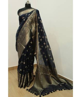 black Banarsi Silk linen Saree with zari woven pallu and border blouse 1