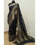 black Banarsi Silk linen Saree with zari woven pallu and border blouse