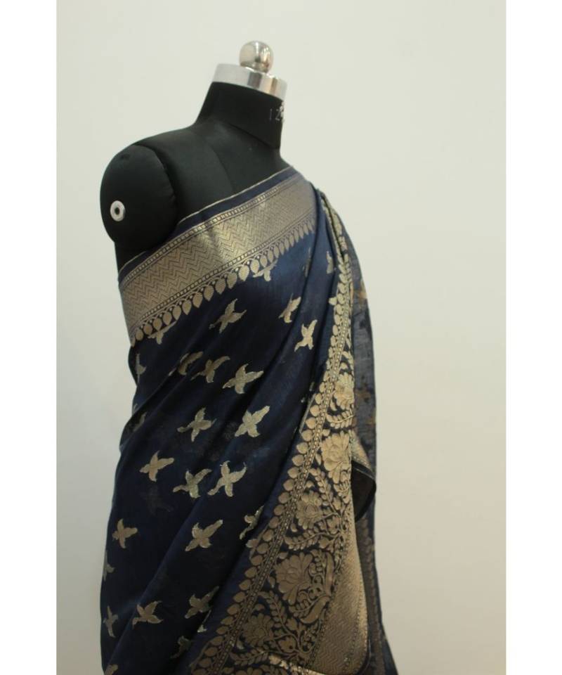 black Banarsi Silk linen Saree with zari woven pallu and border blouse