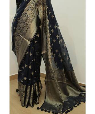 black Banarsi Silk linen Saree with zari woven pallu and border blouse 3