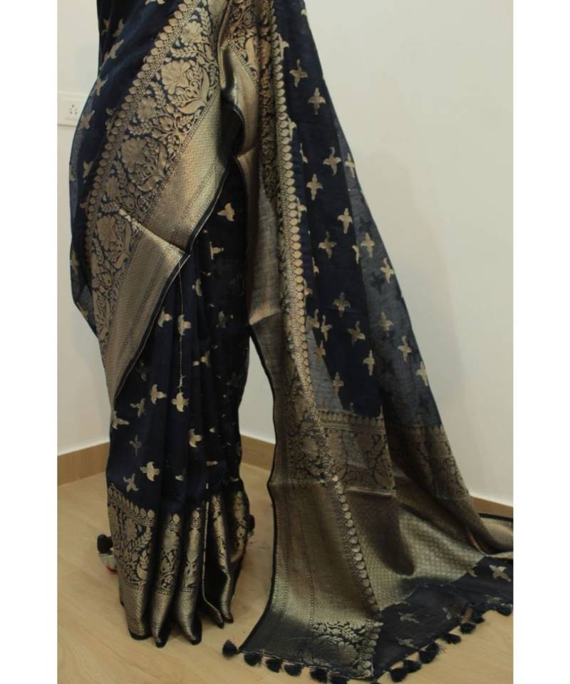 black Banarsi Silk linen Saree with zari woven pallu and border blouse