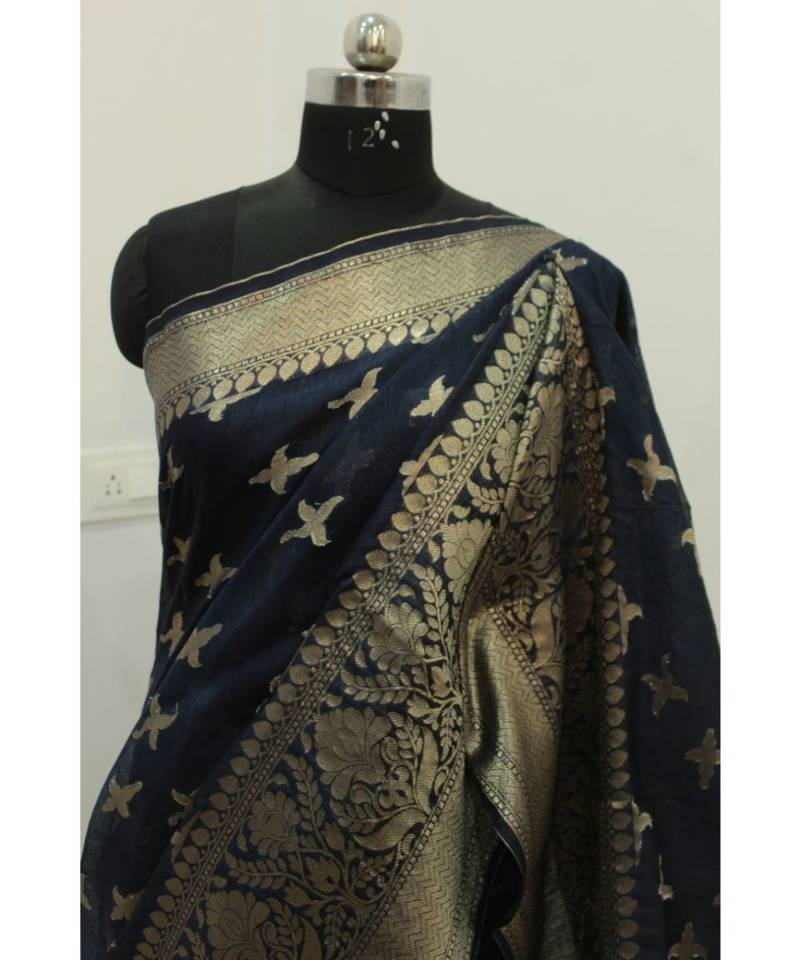 black Banarsi Silk linen Saree with zari woven pallu and border blouse