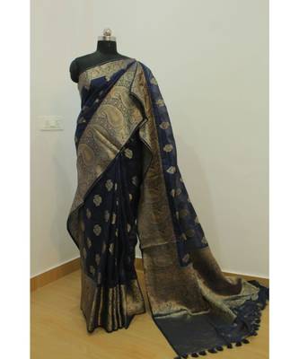 blue Banarsi Silk linen Saree with zari woven pallu and border blouse 1