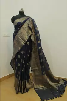 blue Banarsi Silk linen Saree with zari woven pallu and border blouse