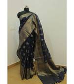 blue Banarsi Silk linen Saree with zari woven pallu and border blouse