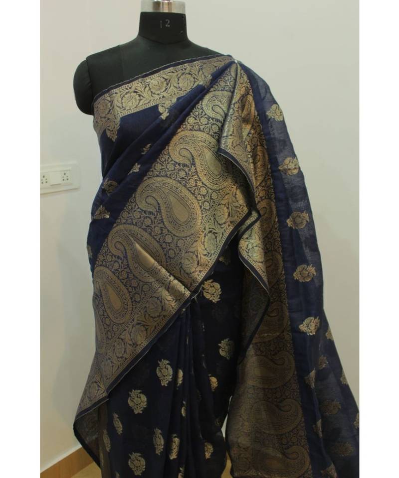 blue Banarsi Silk linen Saree with zari woven pallu and border blouse