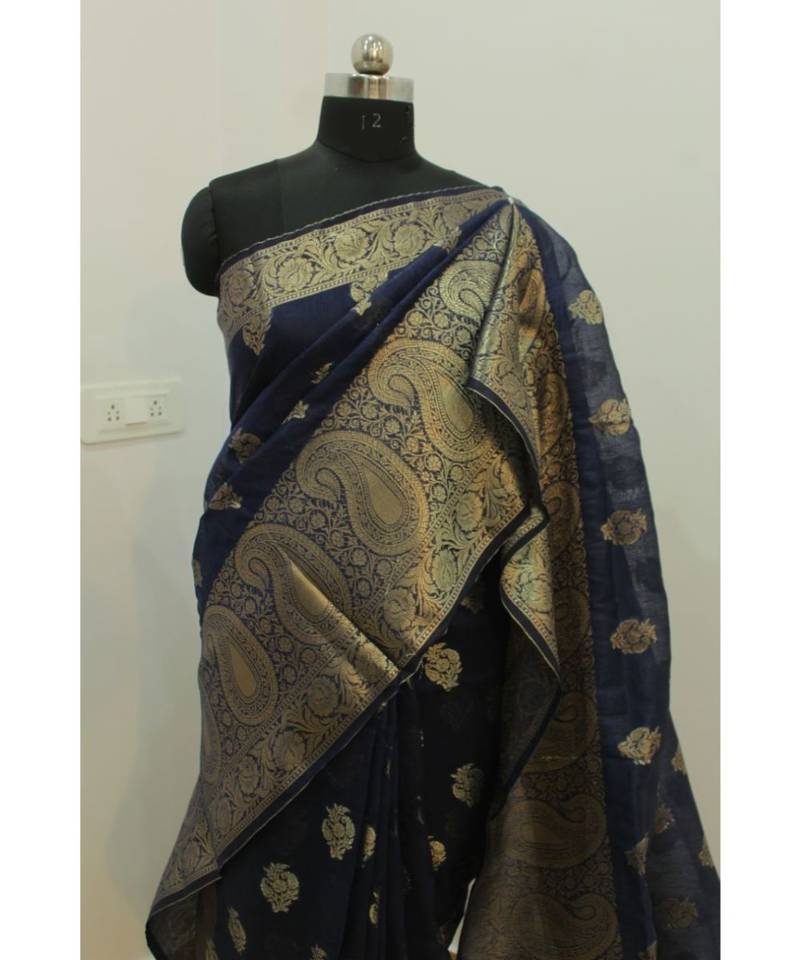 blue Banarsi Silk linen Saree with zari woven pallu and border blouse