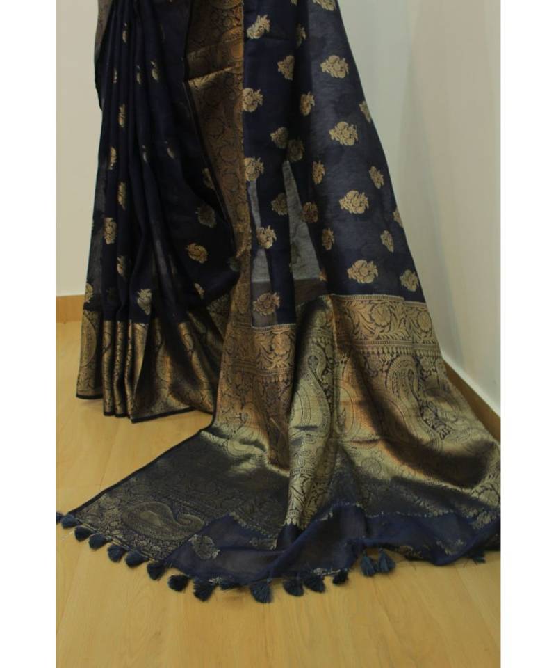 blue Banarsi Silk linen Saree with zari woven pallu and border blouse