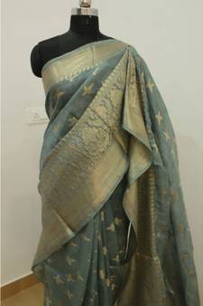 grey Banarsi Silk linen Saree with zari woven pallu and border blouse