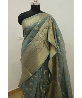 grey Banarsi Silk linen Saree with zari woven pallu and border blouse 1