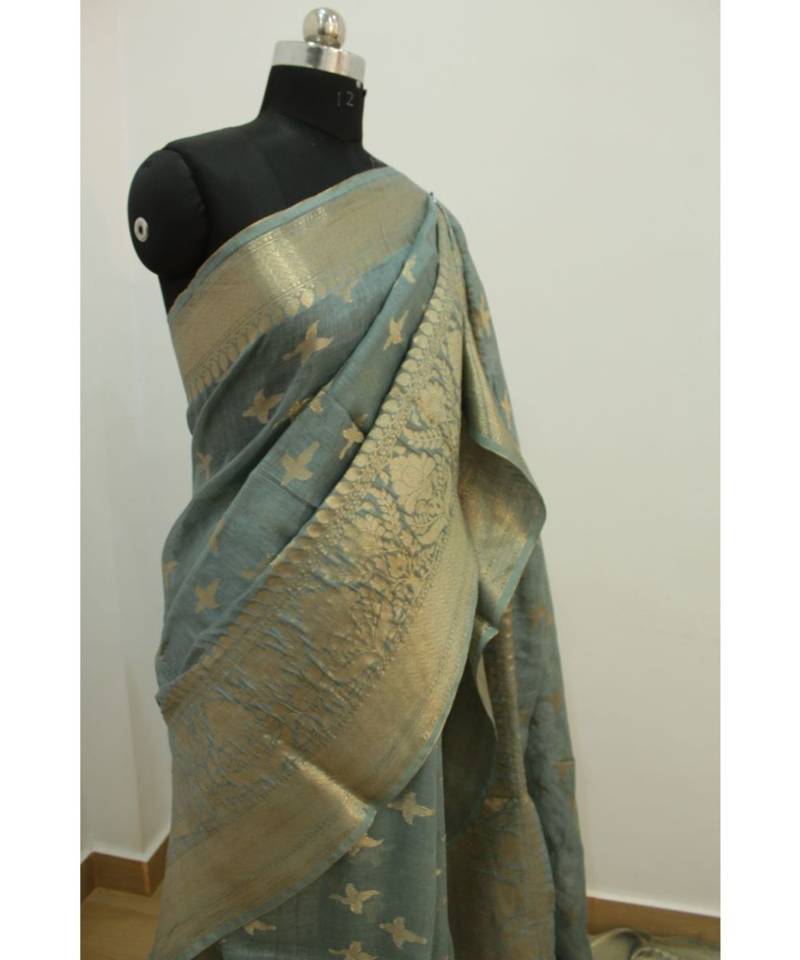 grey Banarsi Silk linen Saree with zari woven pallu and border blouse