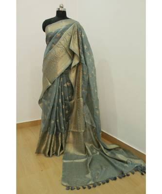 grey Banarsi Silk linen Saree with zari woven pallu and border blouse 3
