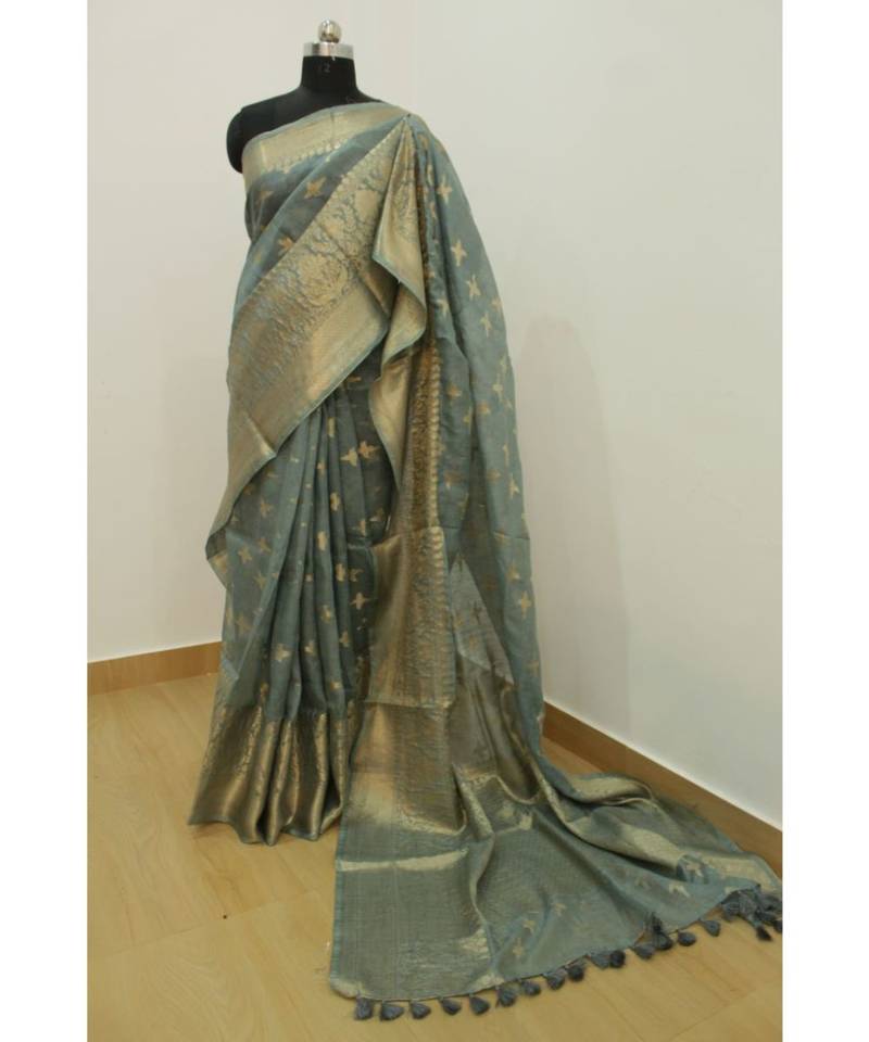 grey Banarsi Silk linen Saree with zari woven pallu and border blouse