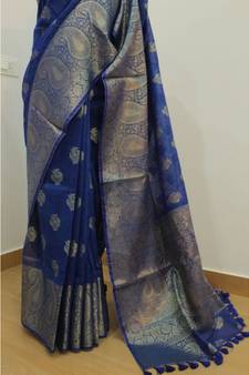 blue Banarsi Silk linen Saree with zari woven pallu and border blouse