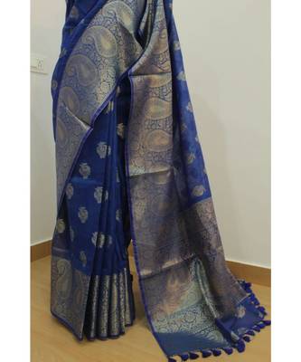 blue Banarsi Silk linen Saree with zari woven pallu and border blouse 1