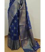 blue Banarsi Silk linen Saree with zari woven pallu and border blouse