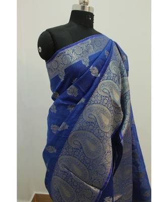 blue Banarsi Silk linen Saree with zari woven pallu and border blouse 2