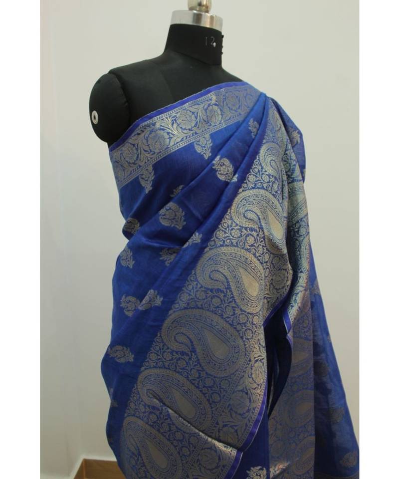 blue Banarsi Silk linen Saree with zari woven pallu and border blouse