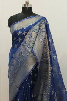 blue Banarsi Silk linen Saree with zari woven pallu and border blouse